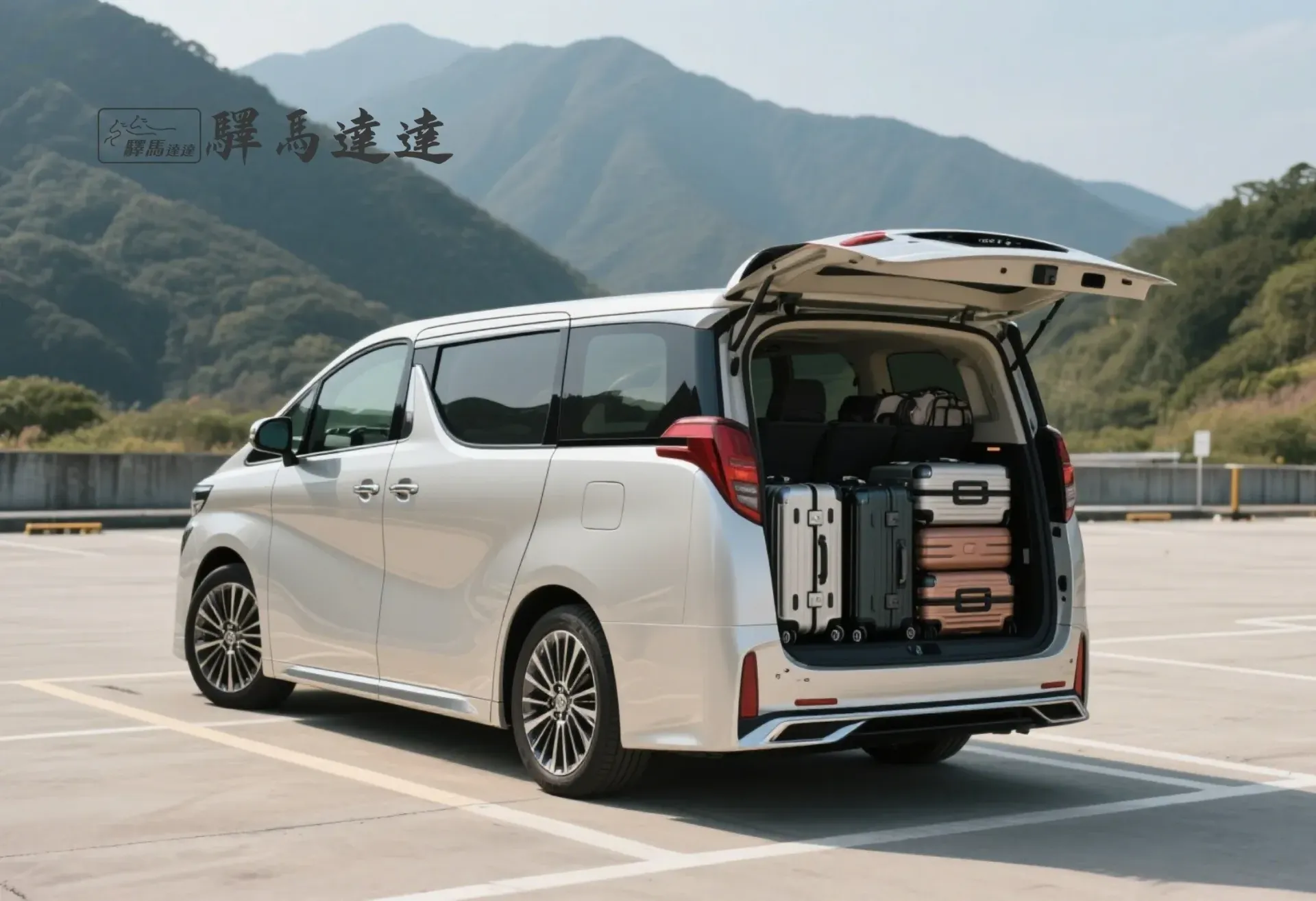豐田 Alphard 後車廂滿載視角圖,行李區整齊擺放 5 個登機與托運行李箱(以 28 吋和 20 吋為主),展現高效裝載能力。背景為台灣山腳下的停車場,畫面左上角顯示「驛馬達達」標誌。