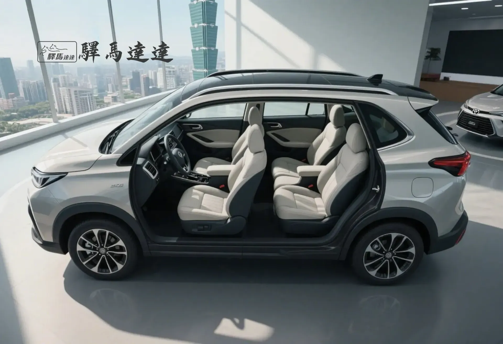 豐田 Corolla Cross 車內寬角側視圖,呈現前排與後排座椅,座椅之間的間距清晰可見。畫面左上角顯示「驛馬達達」標誌。