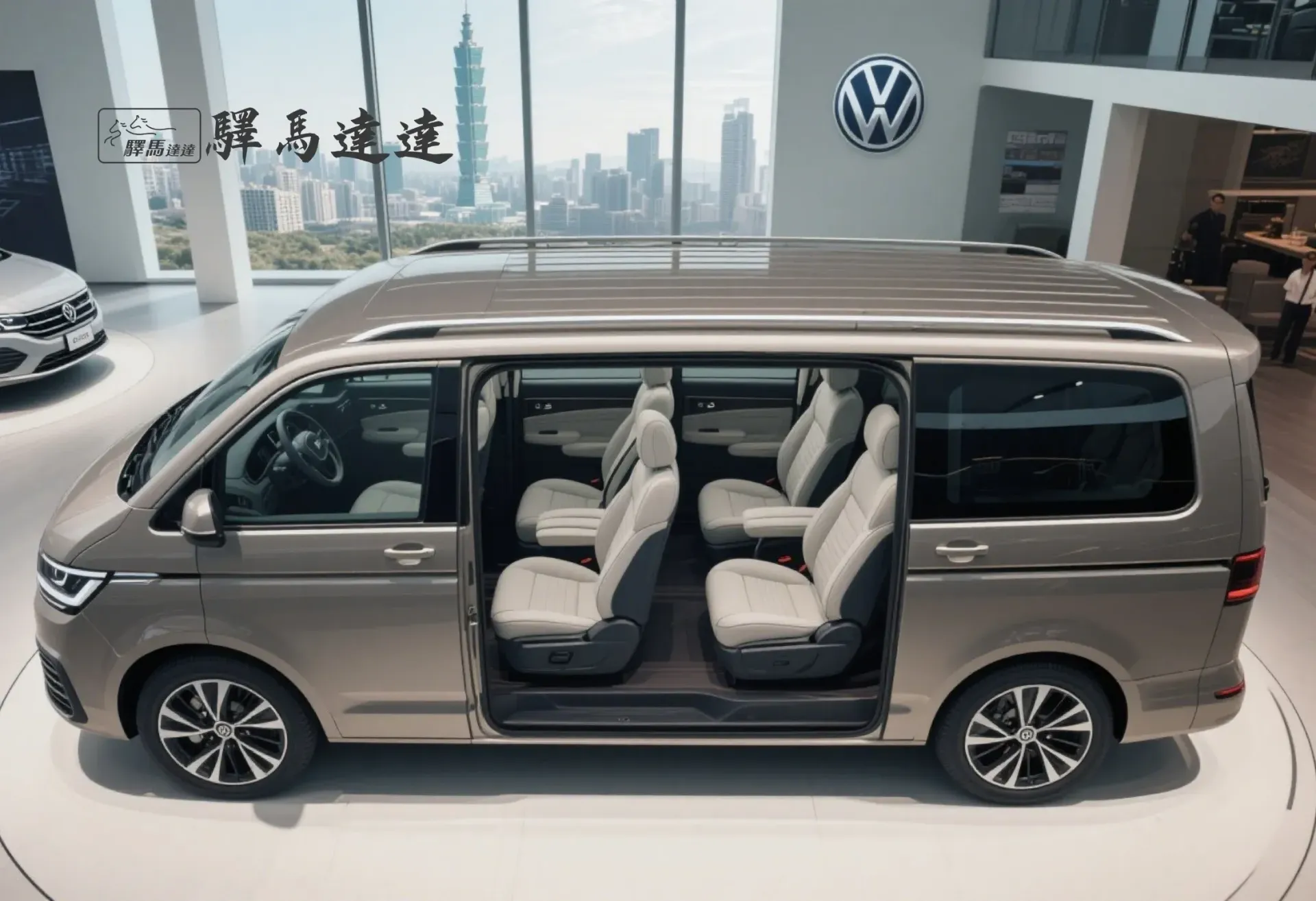 福斯 CARAVELLE 車內寬角側視圖,呈現前排與後排座椅,座椅之間的間距清晰可見。畫面左上角顯示「驛馬達達」標誌。