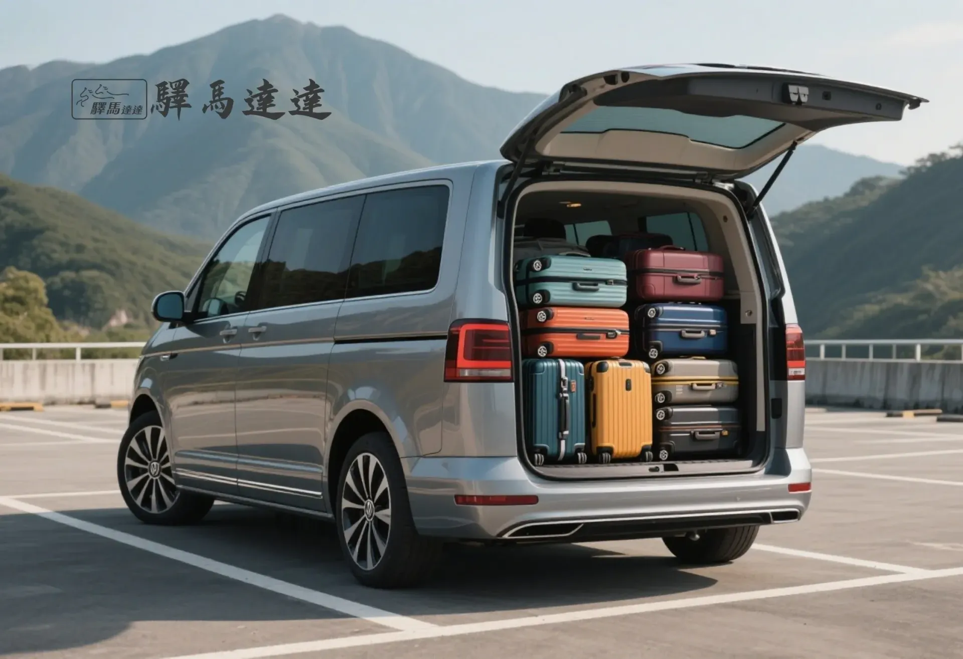 福斯 CARAVELLE後車廂滿載視角圖,行李區整齊擺放 8 個登機與托運行李箱(以 28 吋和 20 吋為主),展現高效裝載能力。背景為台灣山腳下的停車場,畫面左上角顯示「驛馬達達」標誌。