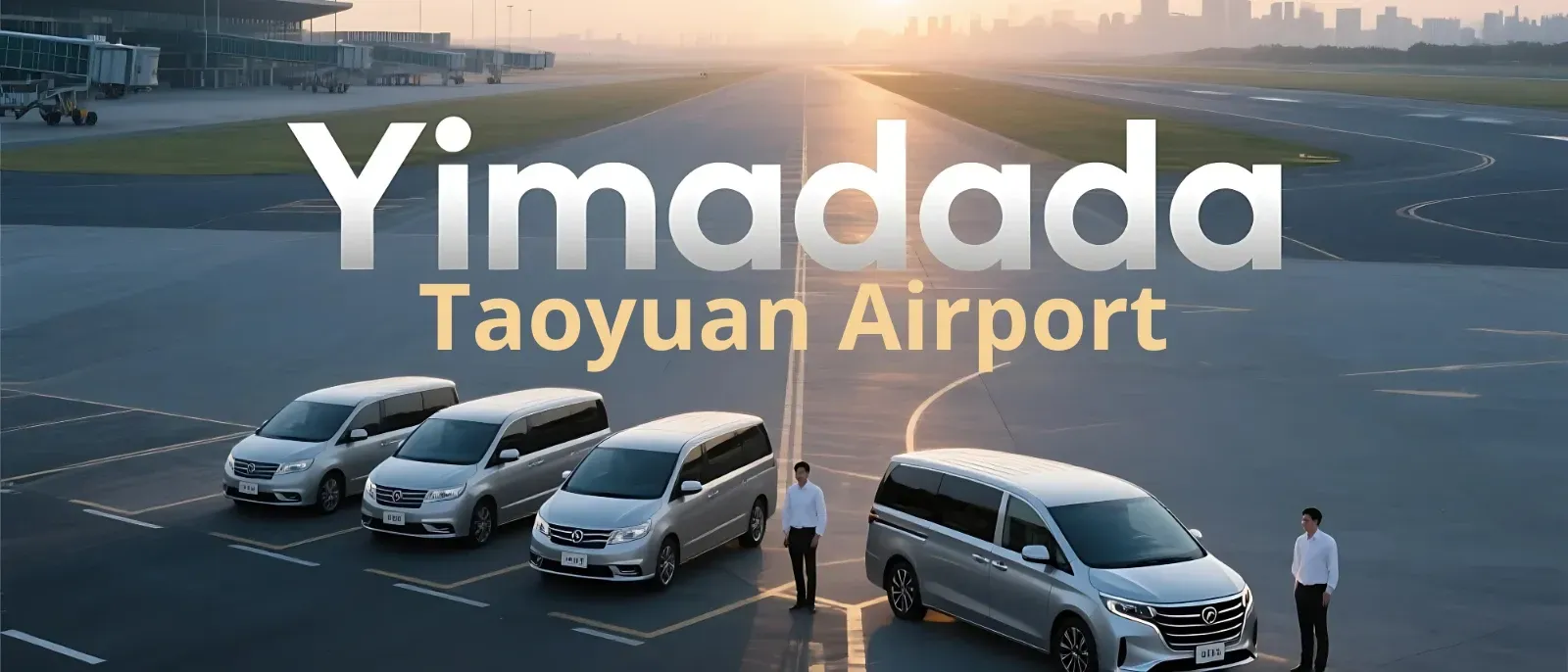 驛馬達達橫幅：多輛尊榮車型停靠機場道路，駕駛準備迎接乘客，傳達「一鍵呼叫多種車型，掌握每段旅程」