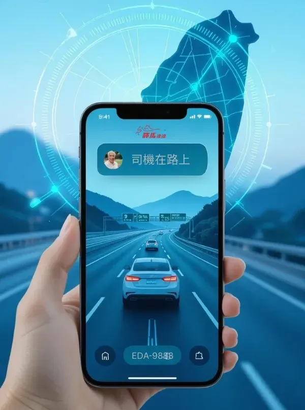 驛馬達達App顯示自動更新司機位置，背景為台灣地圖，助商務旅客省電並順暢追蹤機場接送進度。
