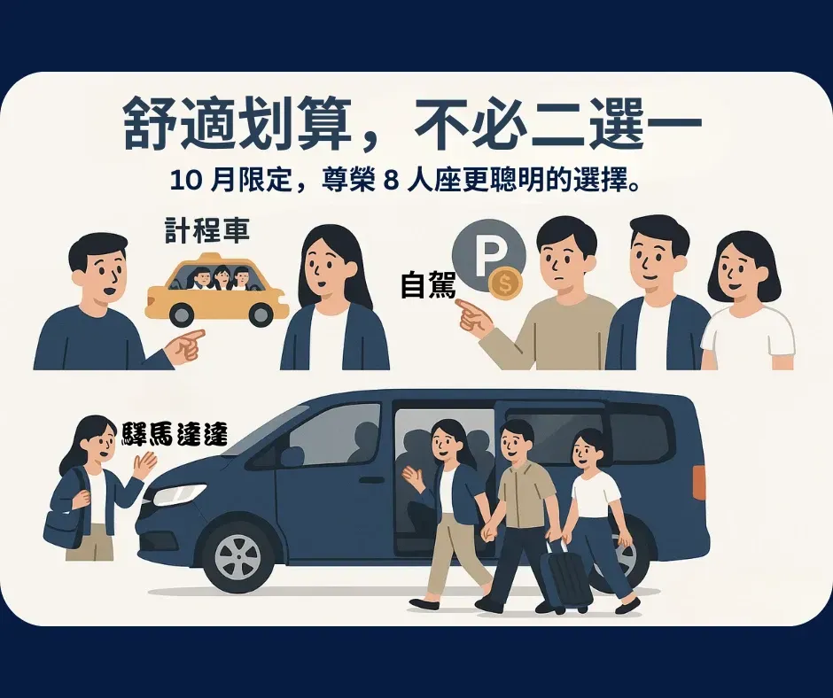 插畫風格呈現旅客選擇尊榮 8 人座，比自駕或計程車更舒適划算。
