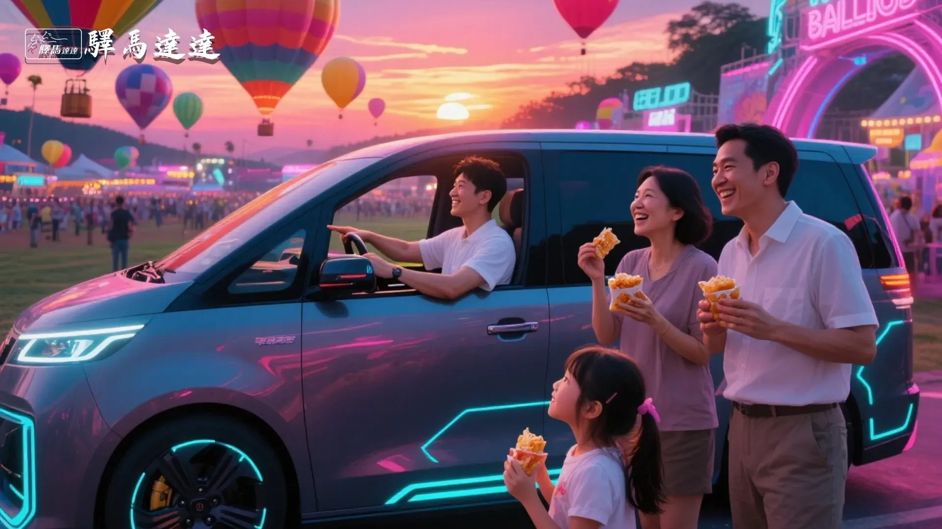 台灣家庭在台東熱氣球節旁的未來風廂型車內，女孩看五彩氣球，父母拿零食笑，背景有霓虹氣球與夕陽。