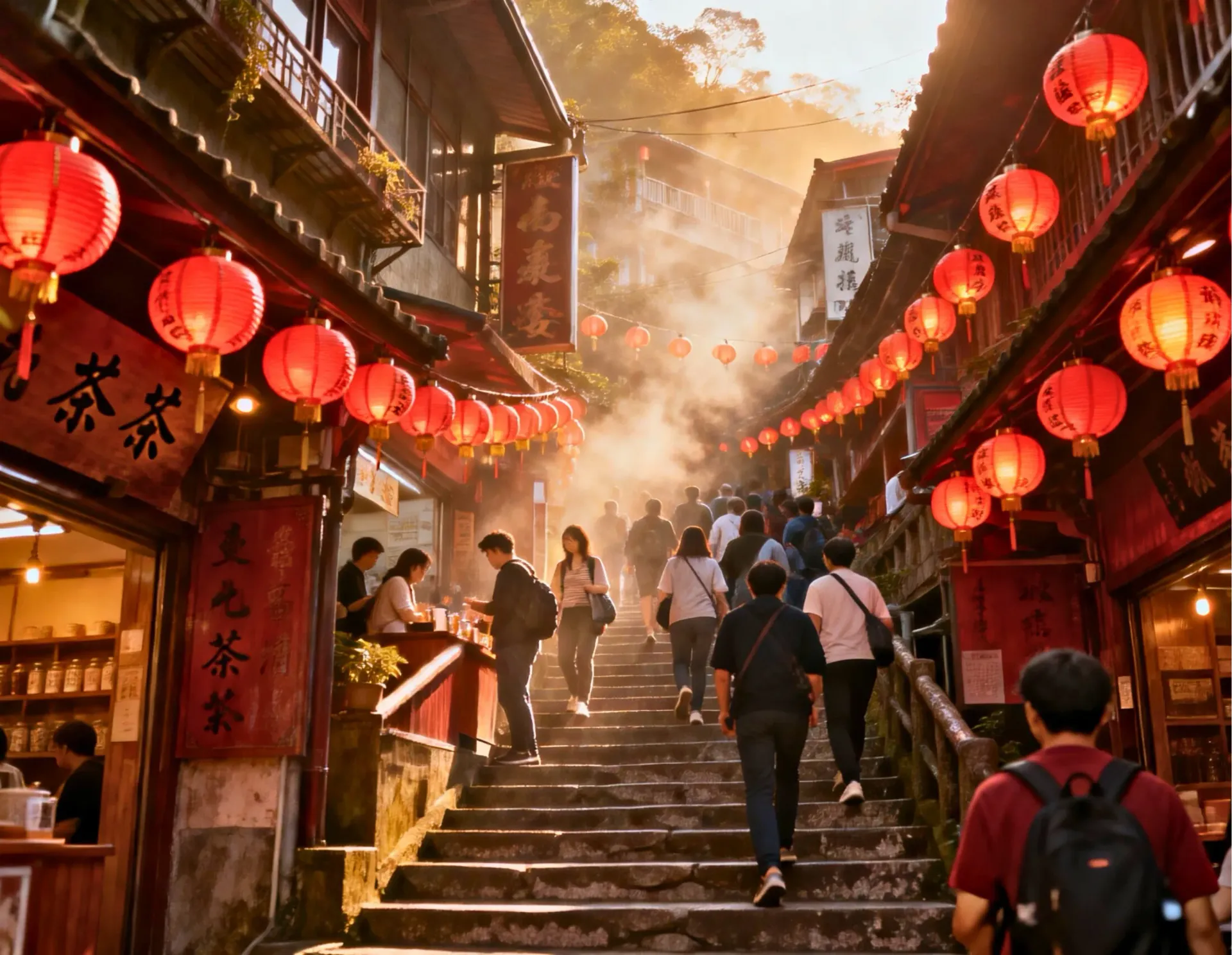 九份老街最具代表性的紅燈籠石階步道,感受悲情城市的復古氛圍。