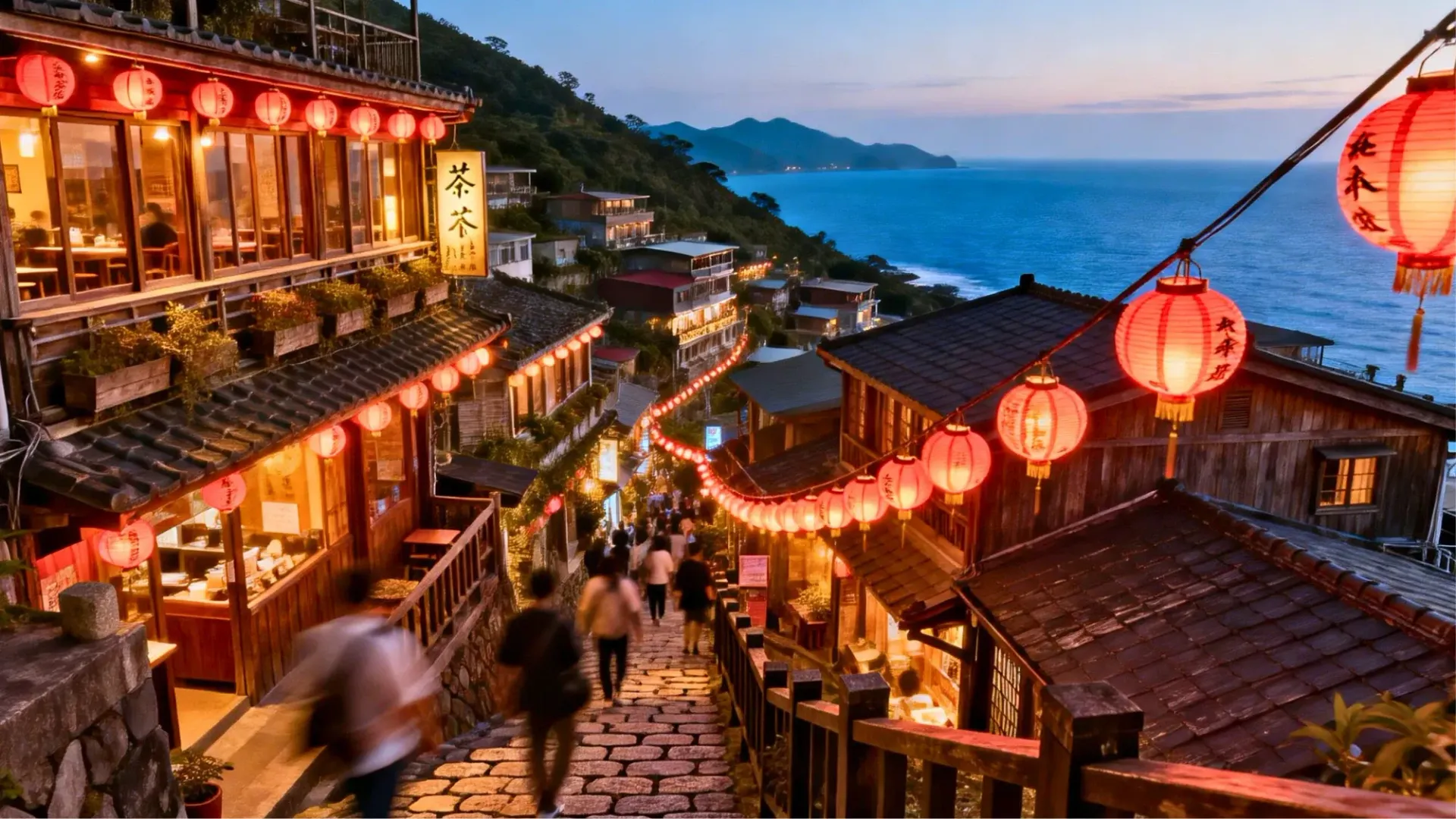 九份著名的阿妹茶樓建築夜景,傳說中神隱少女場景的靈感來源。