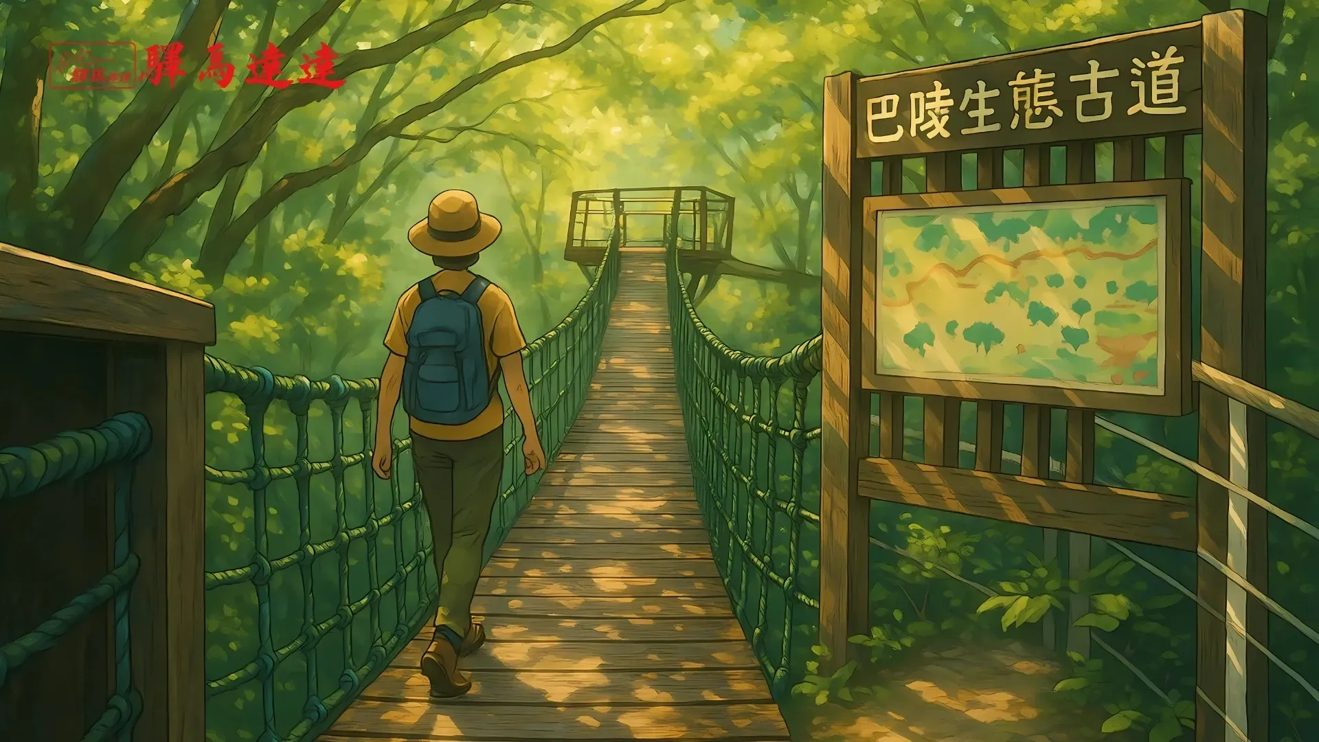 獨行者在巴陵生態古道漫步，樹影斑駁，驛馬達達車輛旁，推廣拉拉山一日輕旅行療癒主題。