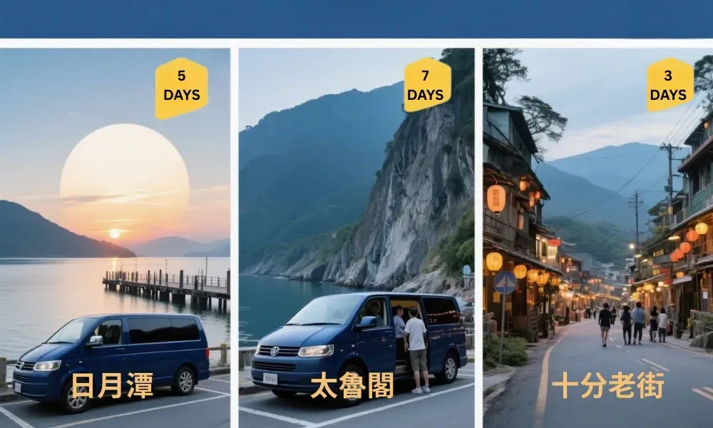 多日包車拼貼:日月潭、太魯閣、十份等景點與驛馬達達專車安全停靠的紀實影像。