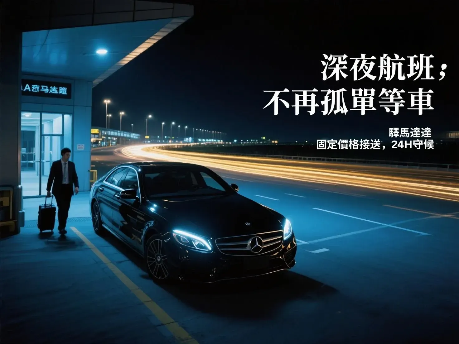凌晨街道上的黑色轎車等待乘客,電影感光影氛圍。