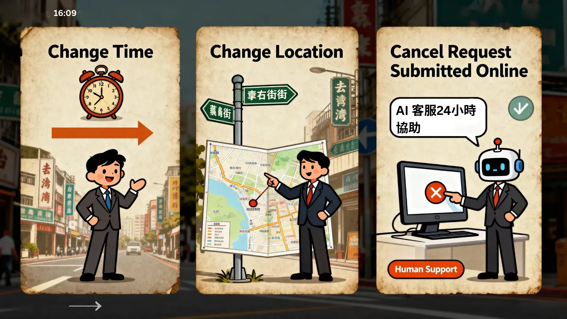 台味復古插畫風：改時、改地點、取消流程與 LINE AI 客服協助的情境，溫暖親切、易理解。 
