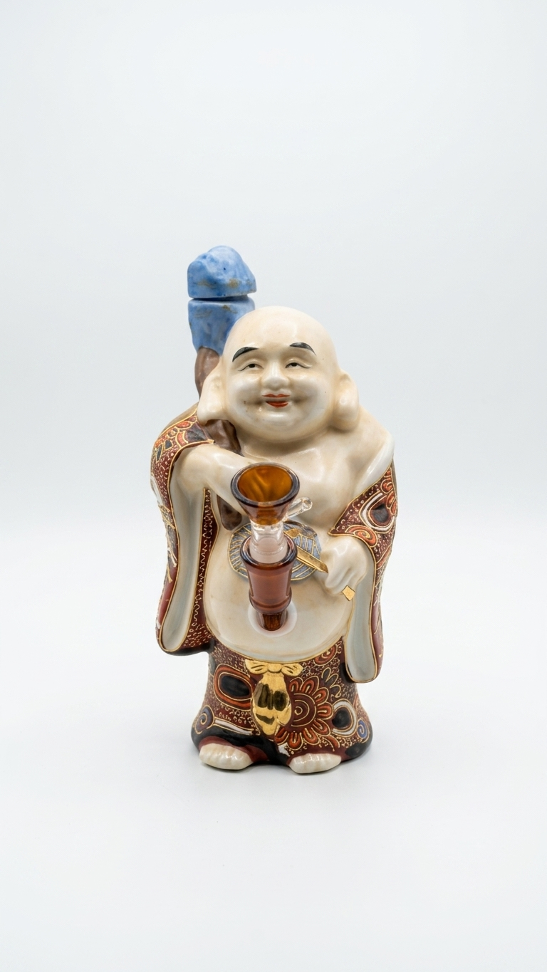 Small porcelain Laughing Buddha figurine with gold accents and a blue hat, holding a bowl