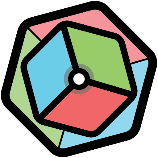 Multicolor geometric abstract with black outline and center white dot.