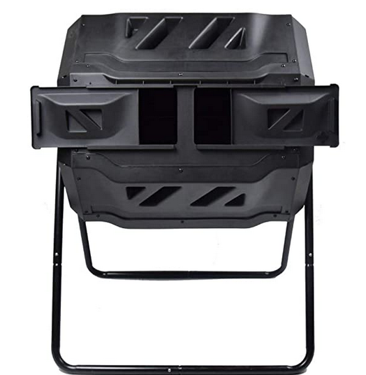 A black dual-chamber tumbling composter on a metal frame, positioned against a white background.