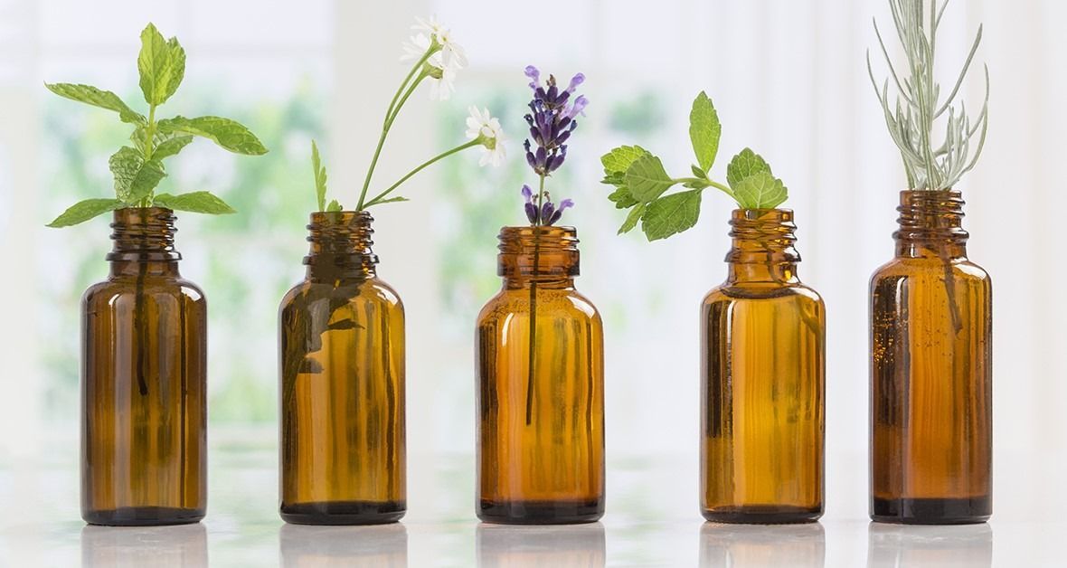 Five brown glass bottles, each containing a different fresh herb or flower, arranged in a row against a bright backdrop.