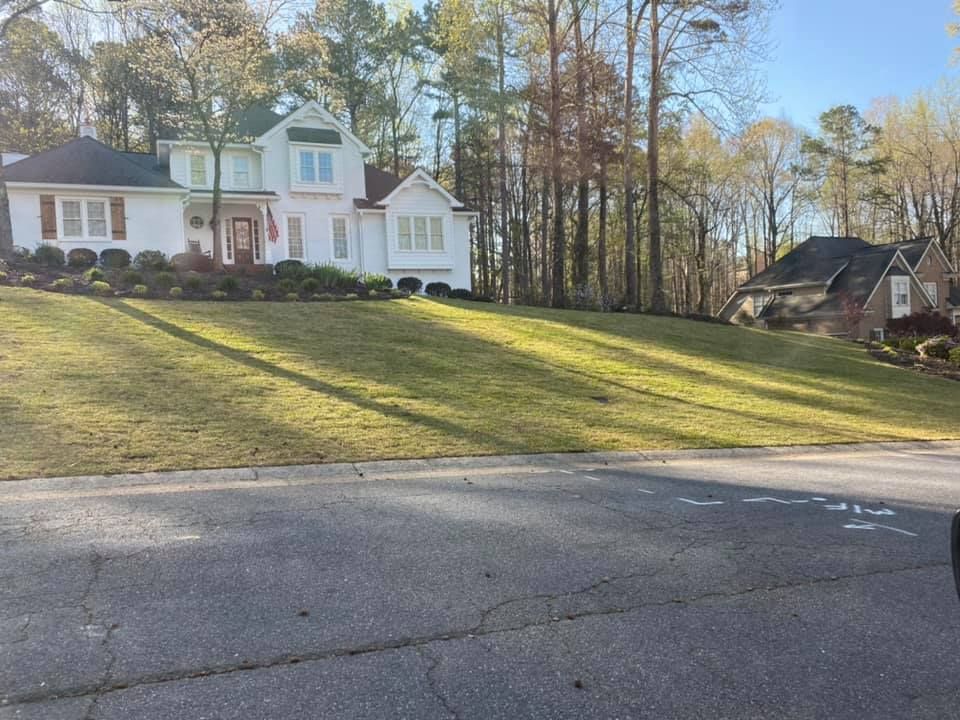 Large white house on a grassy hill beside a road, with tall trees and a small shed nearby.