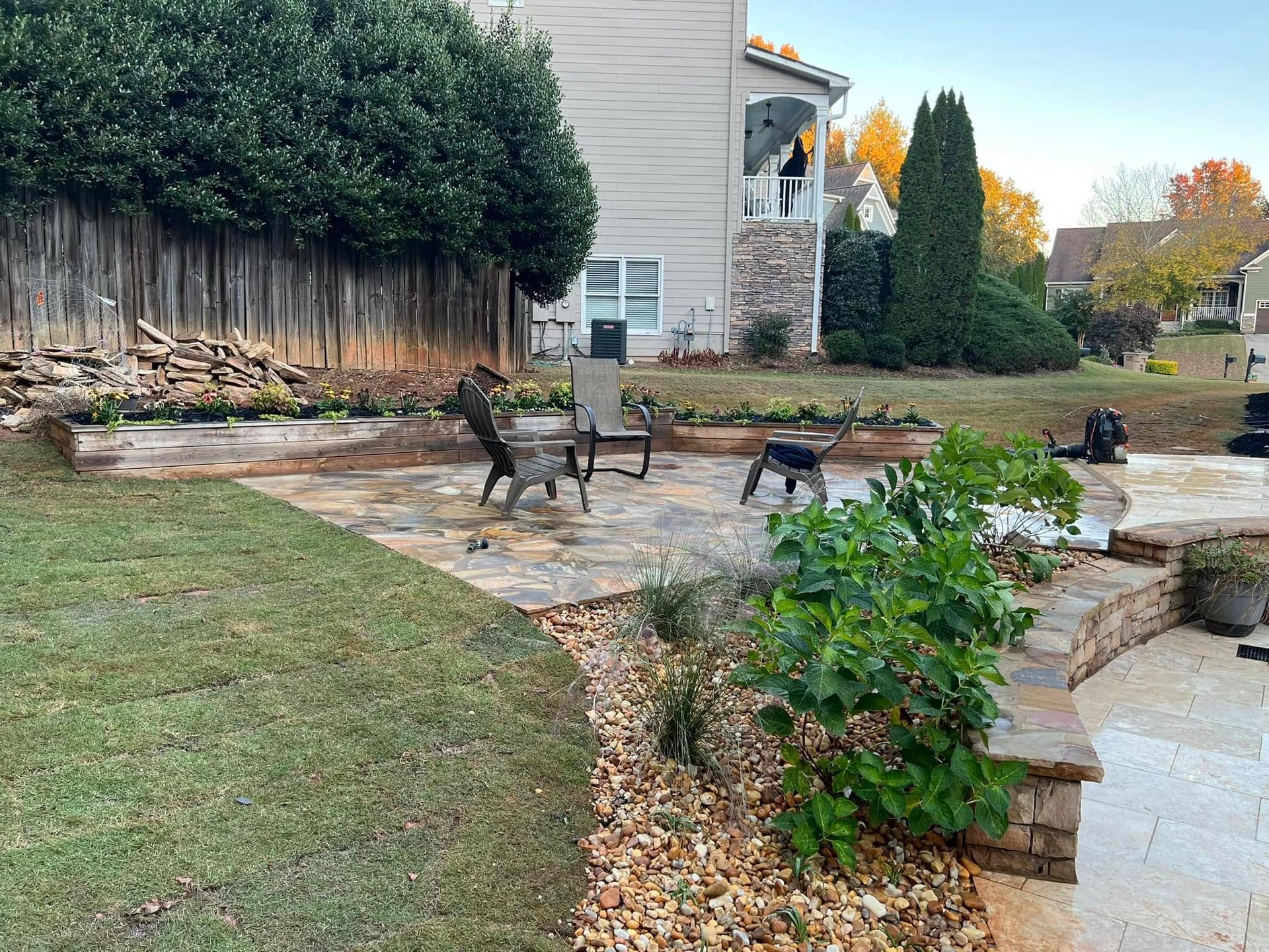 Four deer standing on a stone patio beside a suburban house and lawn