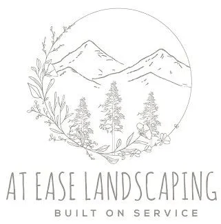 Logo for At Ease Landscaping and Construction with sketched mountains, trees, and leafy branches.