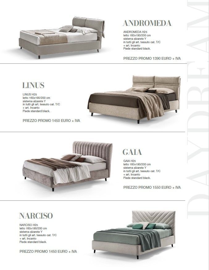 Pagina del catalogo che mostra quattro modelli di letto imbottito nei colori beige, marrone, grigio e verde.