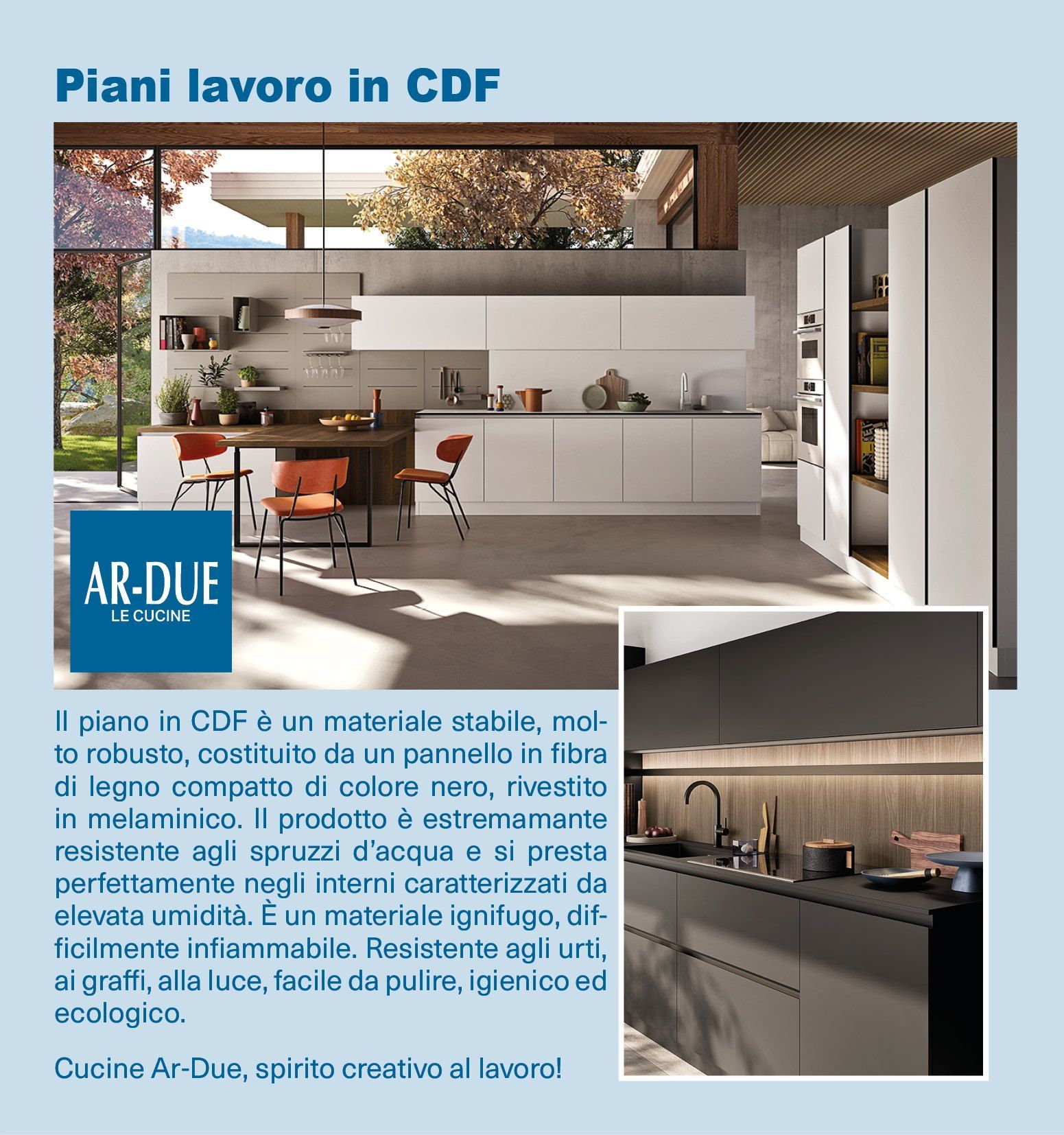 Showroom di cucine moderne con mobili bianchi, dettagli in legno e una piccola cucina a incasso nell'angolo.