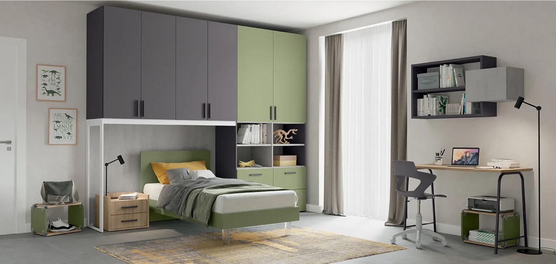 Camera da letto moderna per ragazzi con letto a soppalco, mobili contenitori grigi e verdi, scrivania, sedia e un'ampia finestra.
