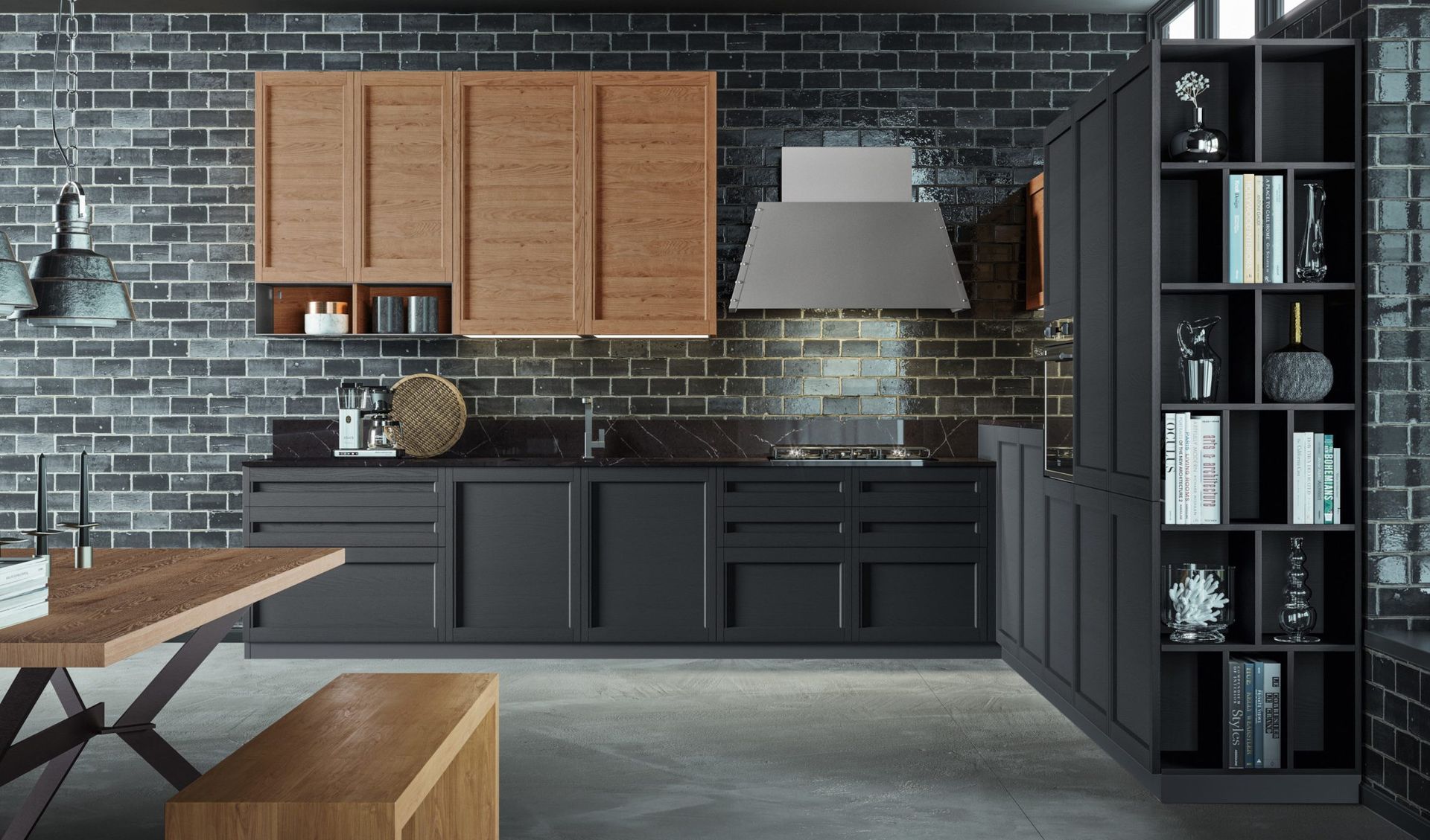 Cucina moderna con parete in mattoni scuri, mobili grigi, pensili in legno e mensole nere.