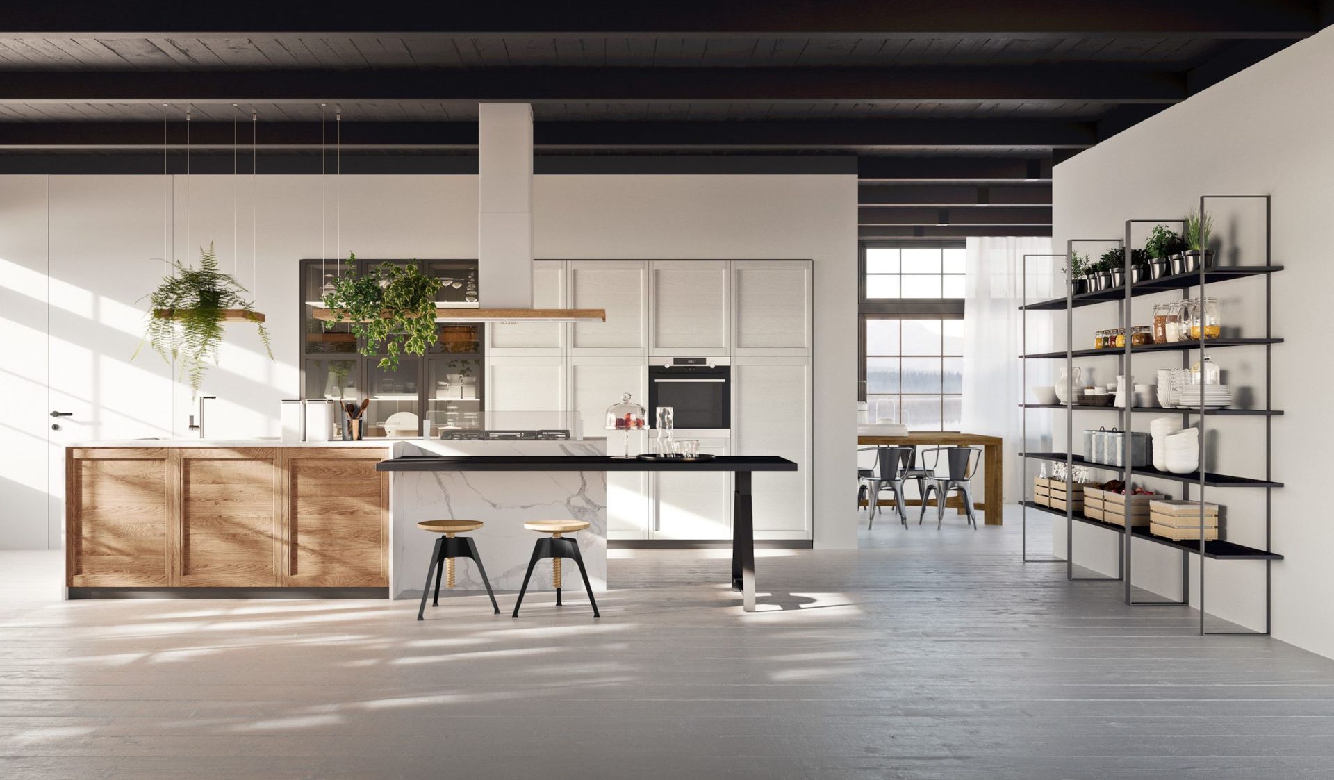 Cucina moderna a vista con isola in legno, mobili bianchi, mensole nere e interni luminosi in stile industriale.