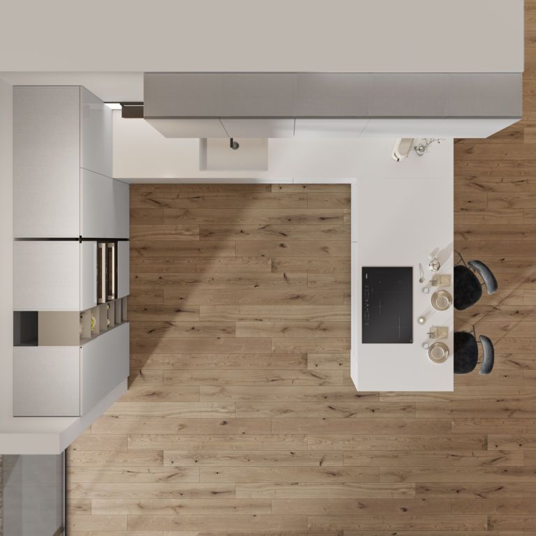 Vista dall'alto di una cucina moderna con mobili bianchi, pavimento in legno e un'isola centrale con sgabelli.