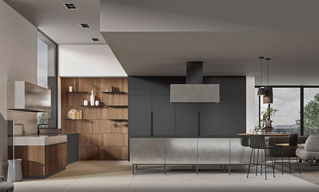 Cucina e zona pranzo moderne a pianta aperta con mobili in legno, isola scura e finestre a tutta altezza.