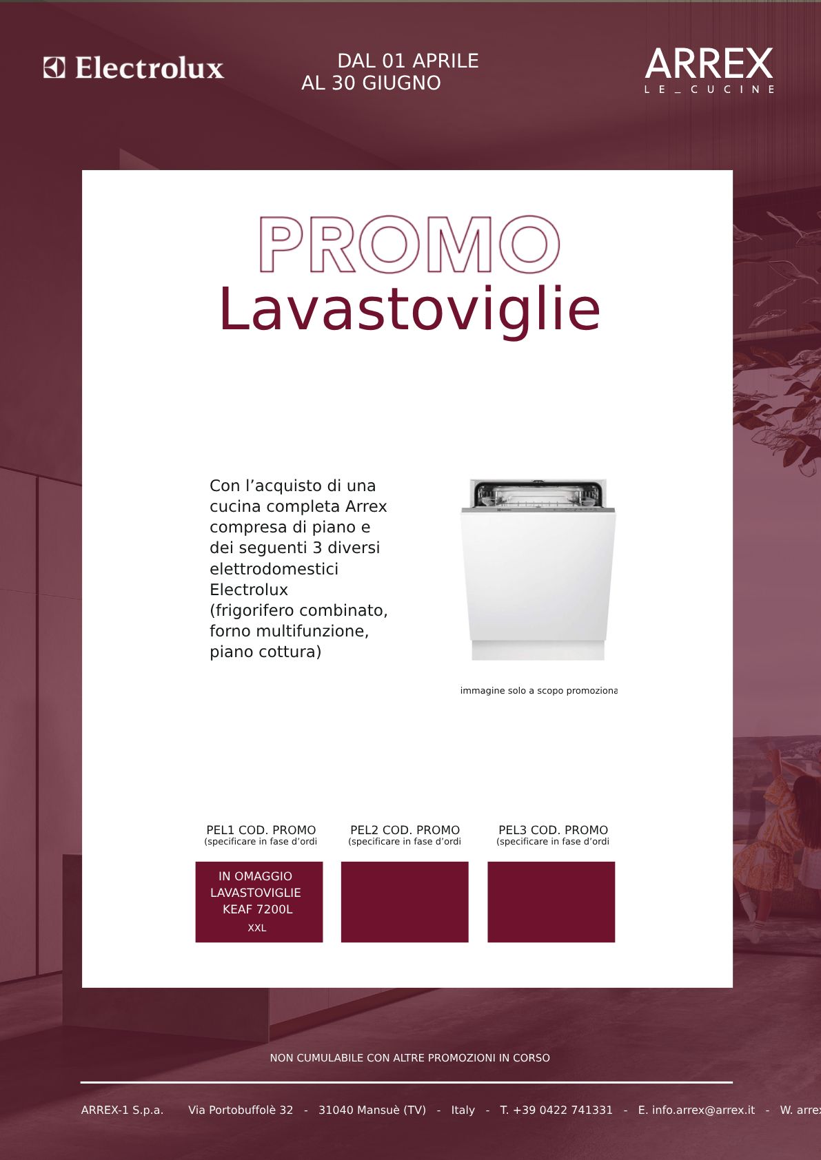 Poster promozionale Lavastoviglie con lavastoviglie bianca su sfondo bordeaux, loghi Electrolux e Arrex.