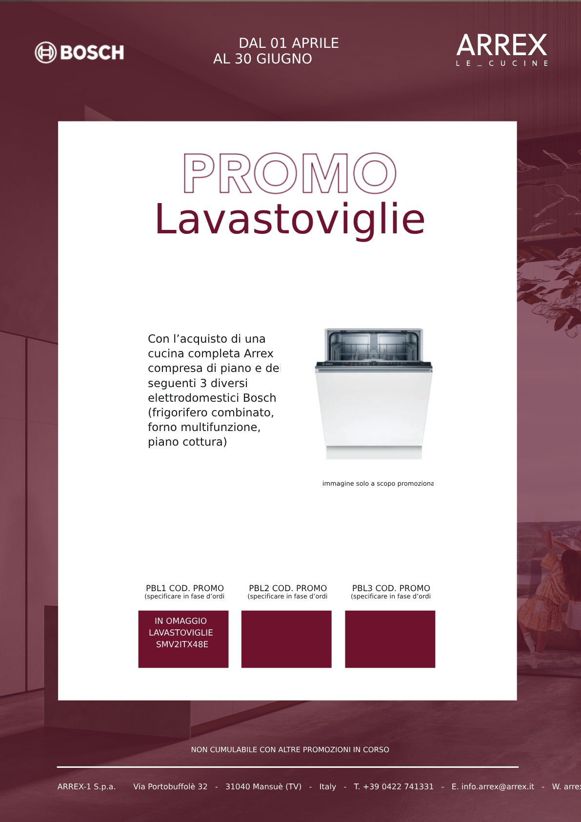 Poster promozionale della lavastoviglie Bosch Arrex Cantiere con lavastoviglie bianca, sfondo bordeaux e dettagli dell'offerta promozionale.