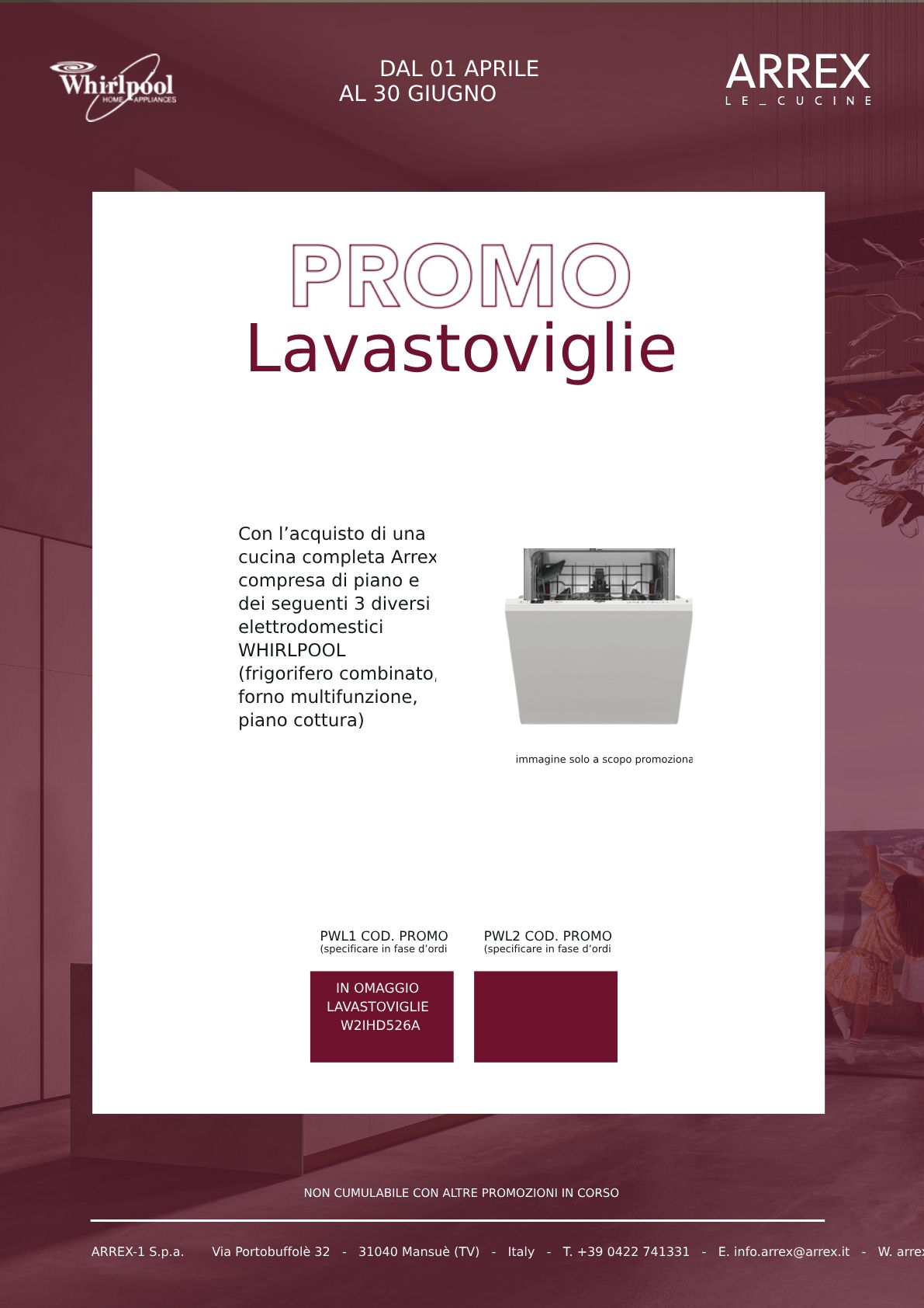 Poster promozionale Lavastoviglie con elettrodomestico bianco su sfondo bordeaux e dettagli del prodotto.