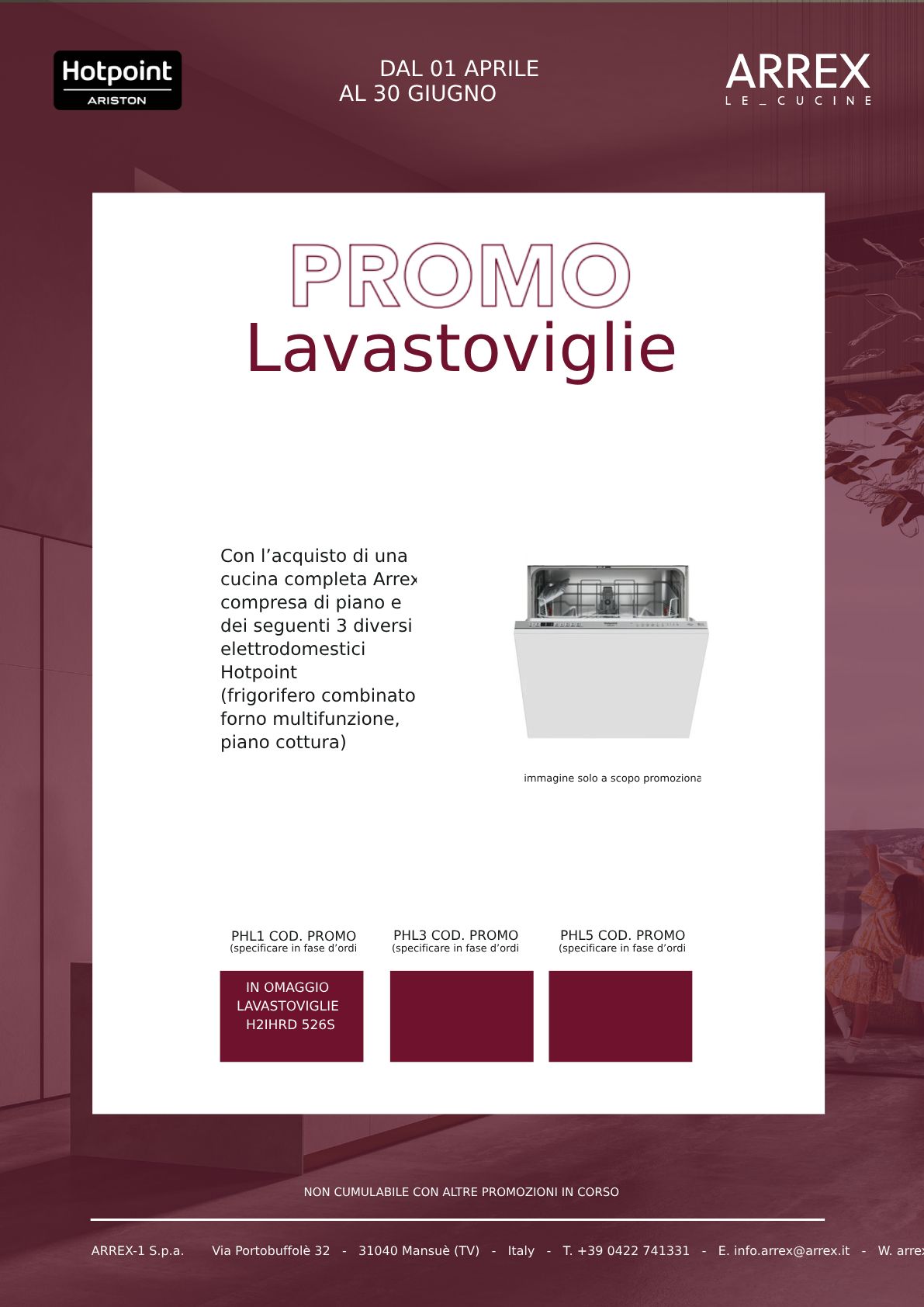 Volantino promozionale per la vendita di una lavastoviglie, con design bianco e bordeaux e foto del prodotto.