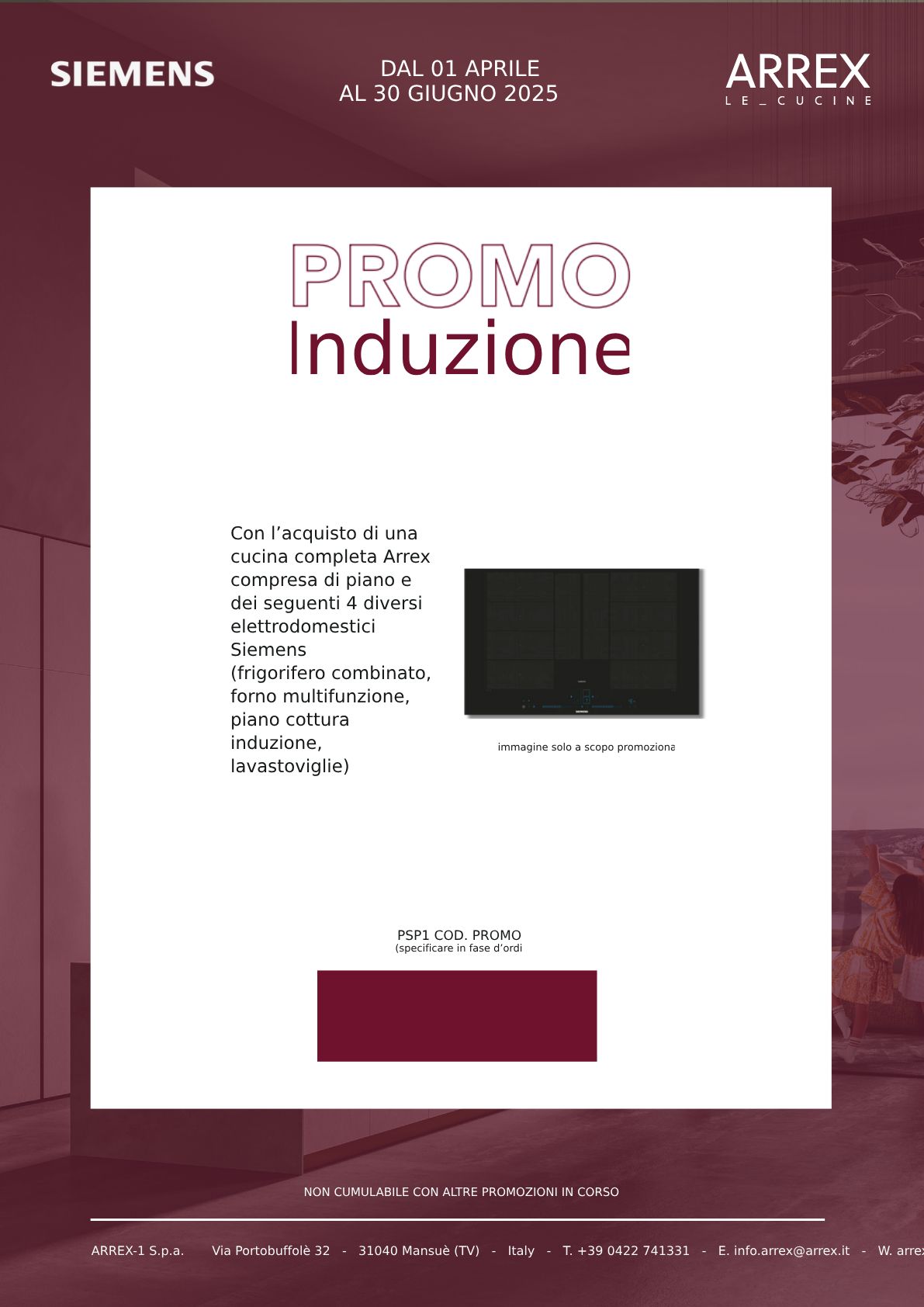 Volantino promozionale Siemens/Arrex color bordeaux per un piano cottura a induzione Induction, con immagine del prodotto e indicazione del prezzo.