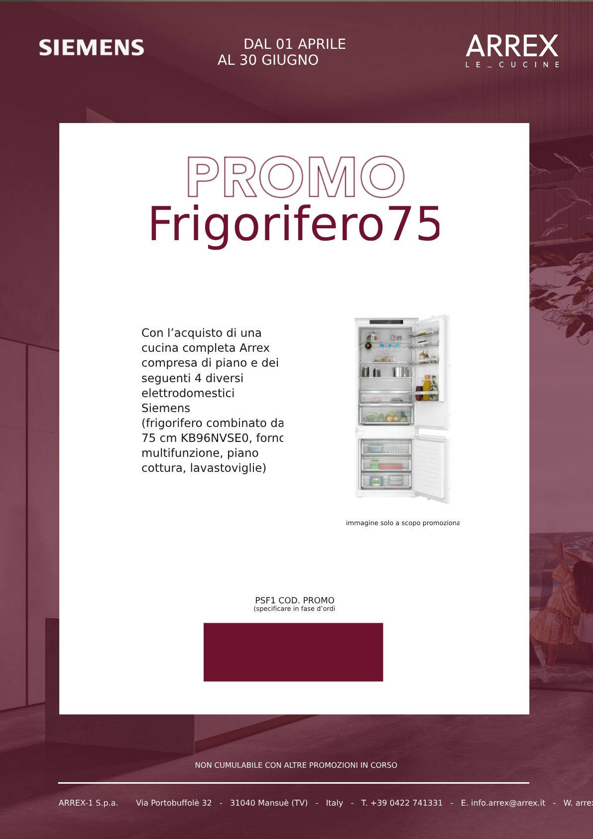 Manifesto promozionale Siemens e Arrex per la vendita di frigoriferi, con sfondo bordeaux e immagini del prodotto.
