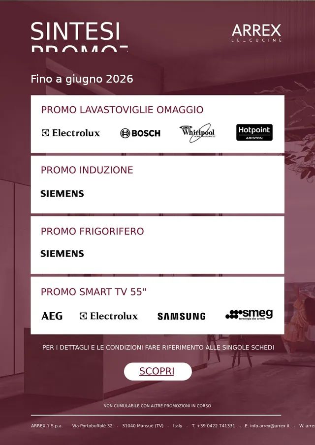 Promozione SINTESI e ARREX su elettrodomestici, con sconti e logo “Scopri” su sfondo bordeaux