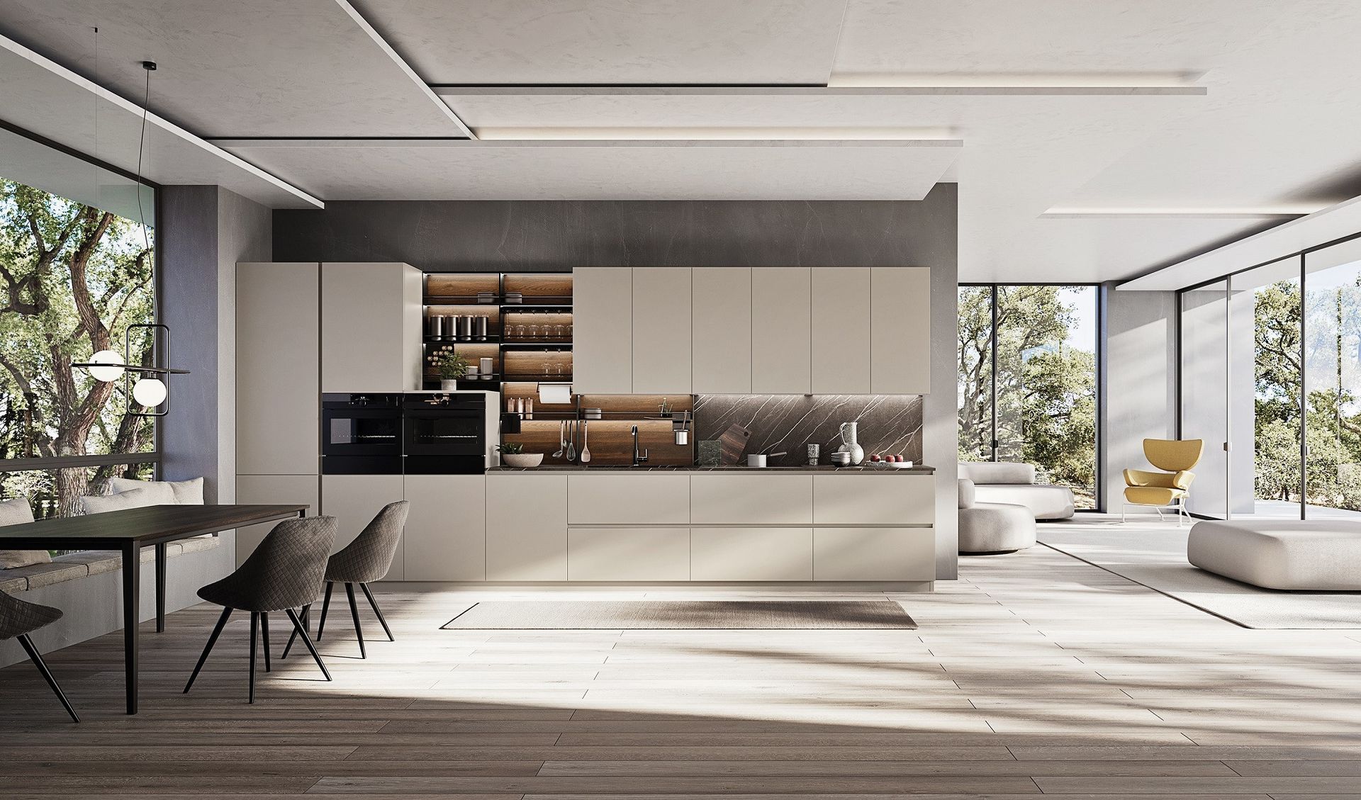 Soggiorno moderno a pianta aperta con cucina minimalista, arredi bianchi, dettagli in legno e ampie finestre.