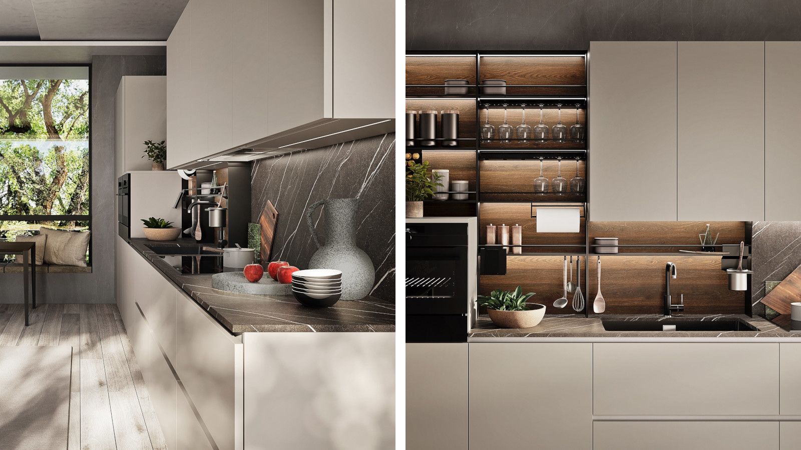 Cucina moderna e minimalista con mobili chiari, piano di lavoro scuro e mensole a vista piene di stoviglie.
