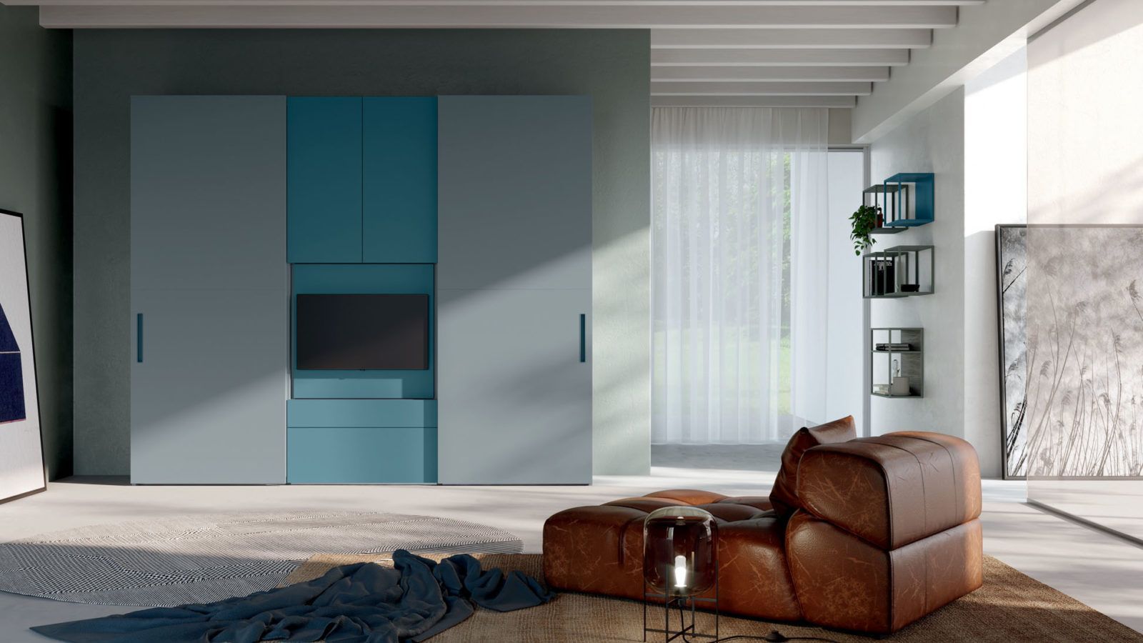 Soggiorno moderno e minimalista con armadi a muro color verde acqua, poltrona marrone e grande lucernario.