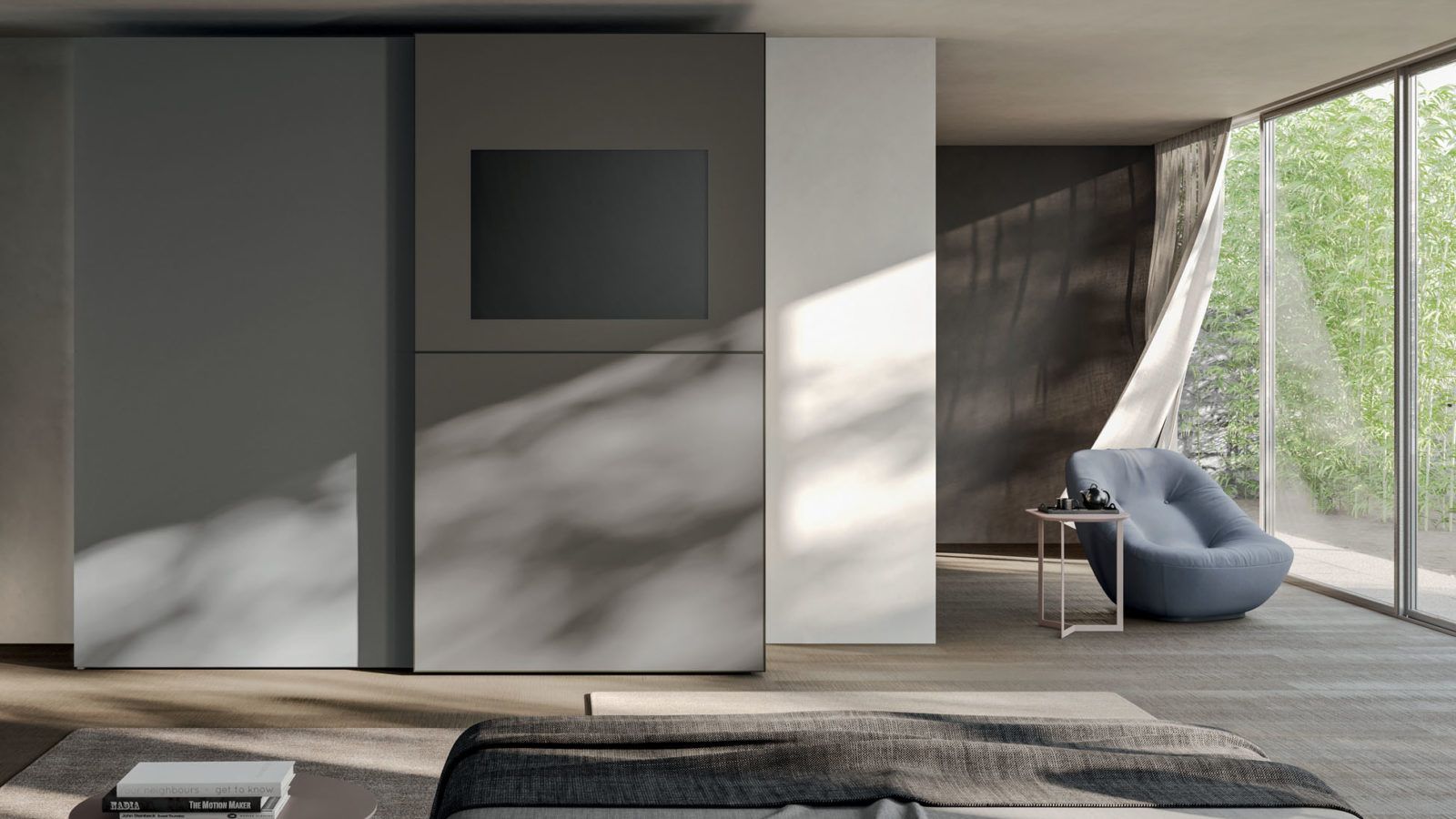 Camera da letto moderna e minimalista con ampio armadio, luce naturale e poltrona a sacco vicino alla finestra.