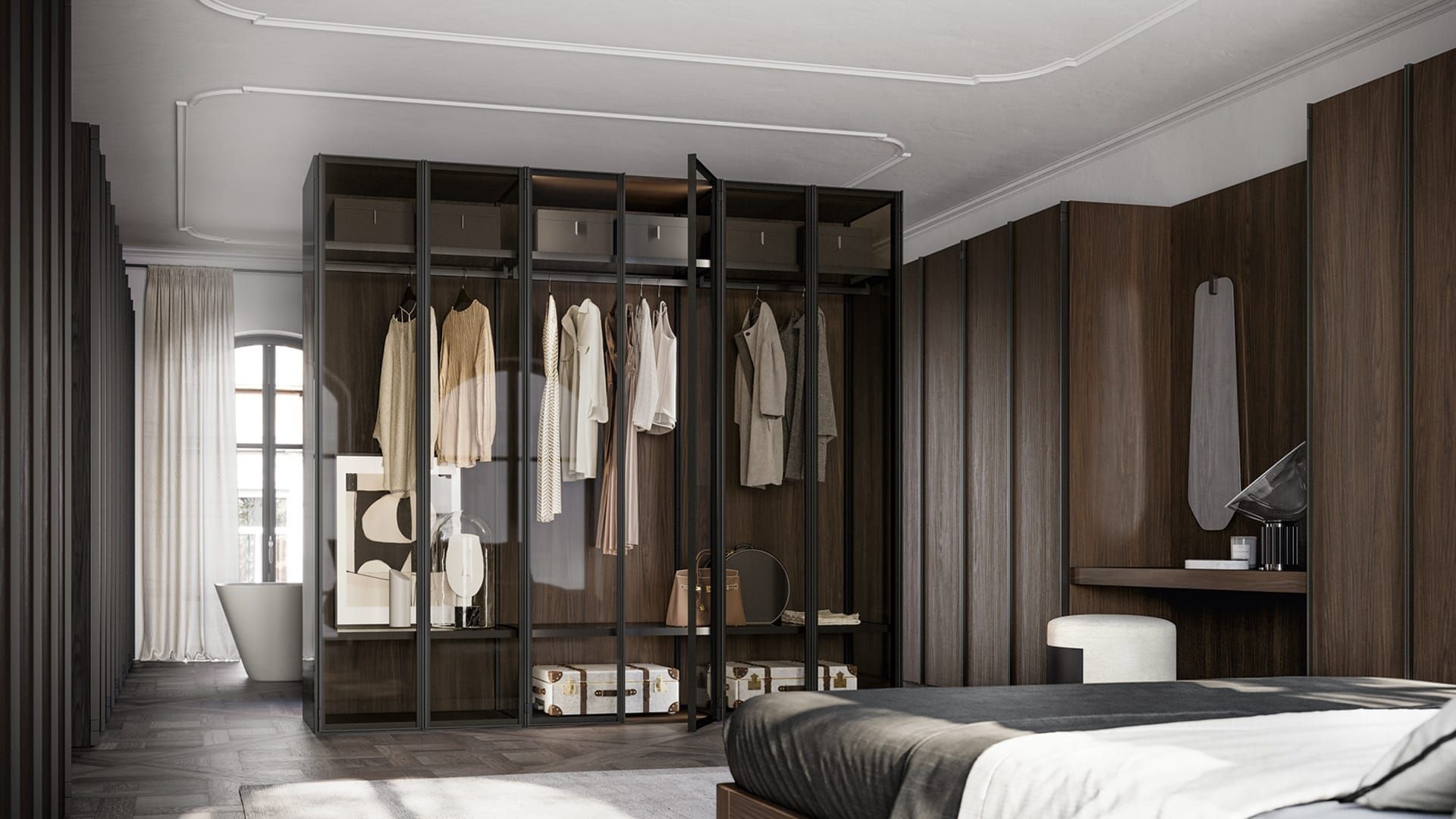 Camera da letto moderna con armadio in legno scuro, appendiabiti, letto, scrivania e tende alle finestre.