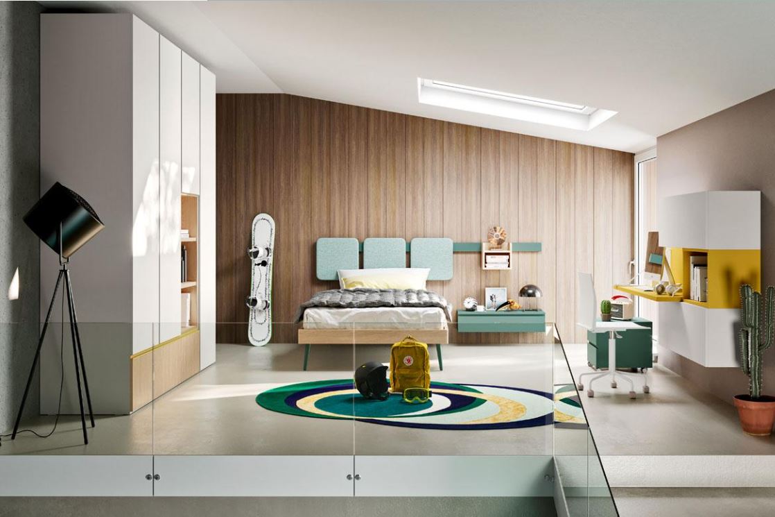 Camera da letto moderna con letto color verde acqua, parete con inserti in legno, armadio bianco e tappeto colorato.