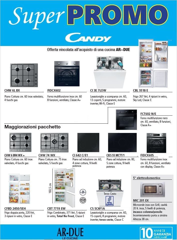 Volantino promozionale per elettrodomestici da cucina Candy con intestazione blu e foto dei prodotti su sfondo bianco.
