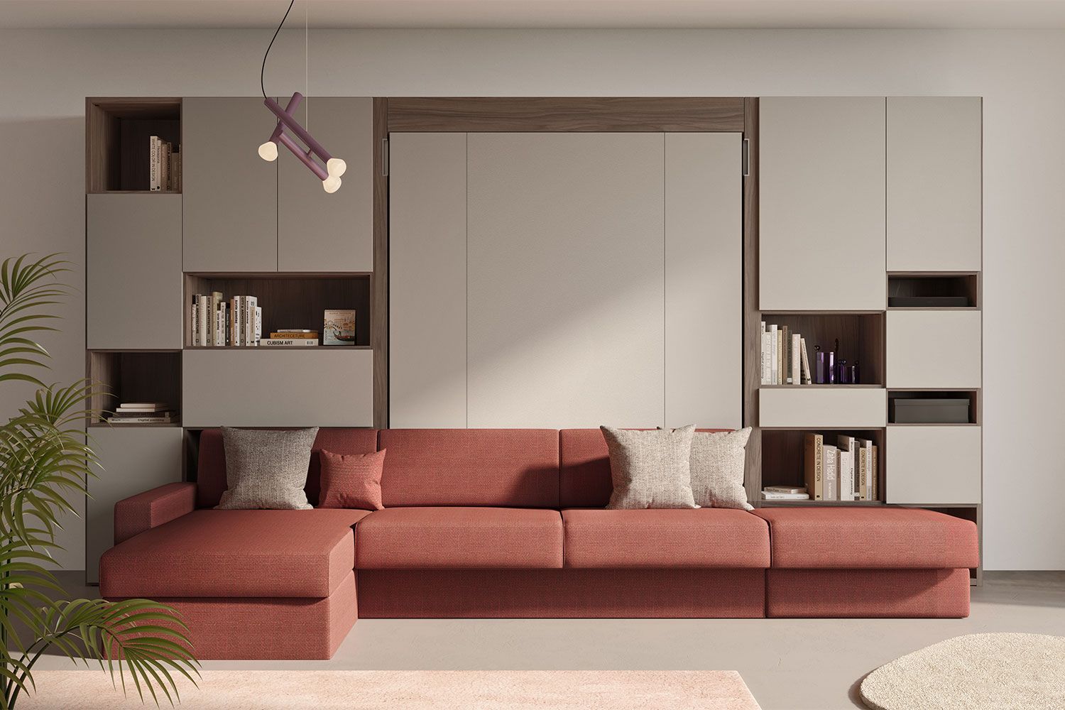 Soggiorno moderno con divano componibile color malva, scaffalature a muro e pannelli a parete neutri.