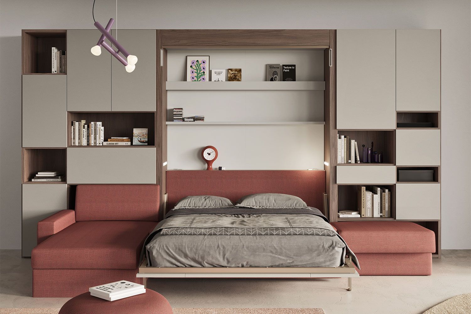 Camera da letto moderna con un grande letto, scaffali a muro e dettagli di seduta rosa.