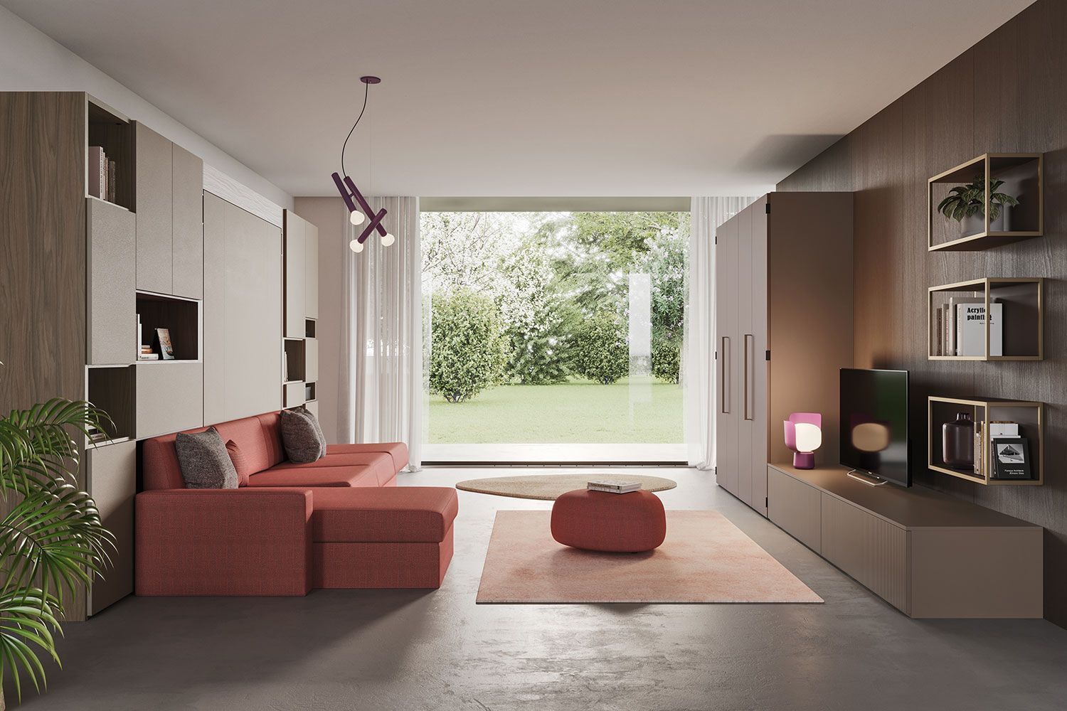 Soggiorno moderno con divano color corallo, pouf, mensole e un'ampia finestra che si affaccia su un giardino verde.
