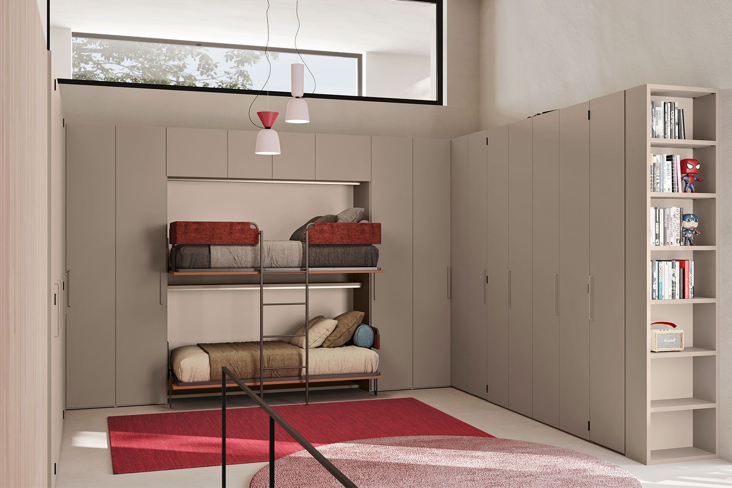 Camera da letto moderna con armadi a muro, letto a castello, tappeto rosso e finestre alte.