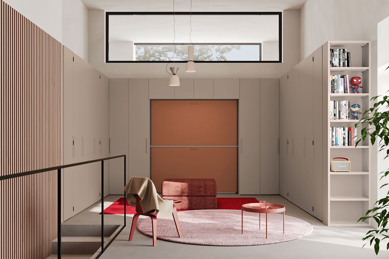Soggiorno moderno e minimalista con pareti beige, sedute rosse, tappeto rotondo e ampia finestra.