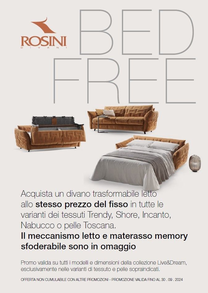 Annuncio pubblicitario di Rosini BED FREE per divani letto trasformabili, con prezzi e un set di biancheria da letto grigia su sfondo chiaro.