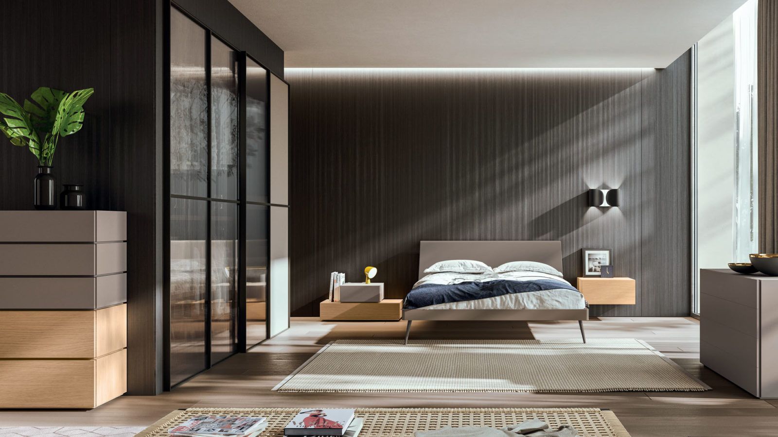 Camera da letto moderna e minimalista con letto basso, pareti in legno scuro, armadio in vetro e ampia finestra luminosa.