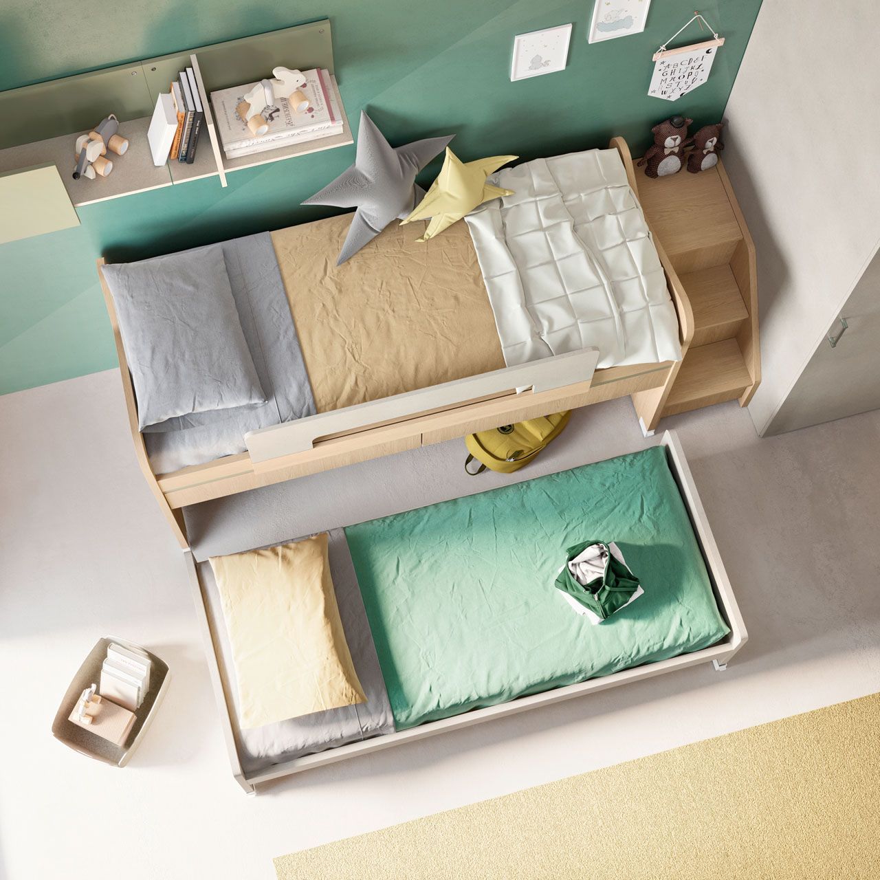 Diorama in miniatura di una camera da letto con due letti, pareti color verde acqua e piccole mensole decorative e cuscini.